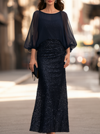 Sequin Mermaid Evening Gown with Sheer Chiffon Batwing Sleeve Overlay