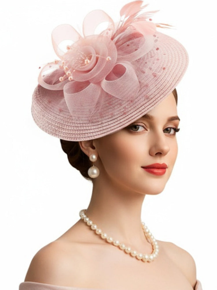 Mesh Floral Straw Feather Headdress Hat