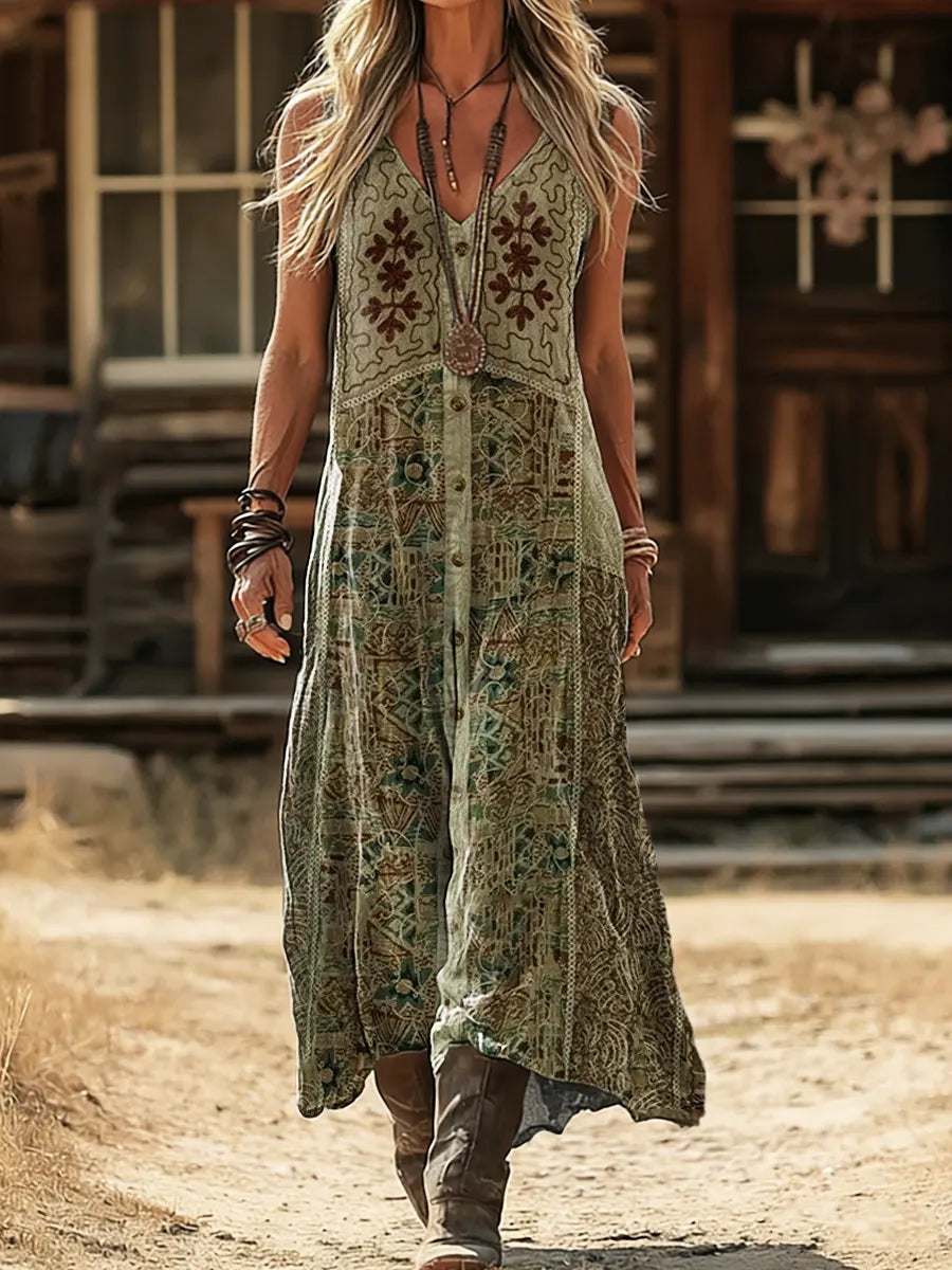 Women's Vintage Ethnic Pattern Art Print Sleeveless V-Neck Pocket Dress