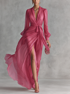 Elegant Rose Pink Chiffon V-neck Tie-waist Long Dress