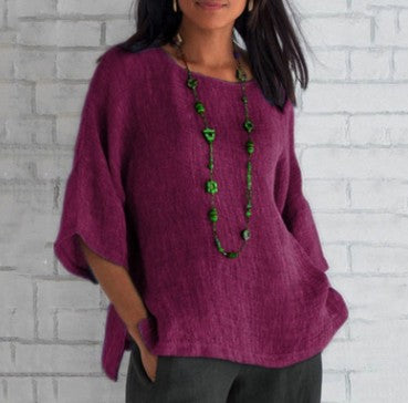 Women's Cotton Linen Three-quarter Sleeve Crew Neck Shirt