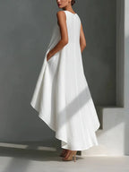 White Round Neck Sleeveless Midi Dress With Asymmetrical Hem