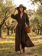 Women's Long Sleeve Belted Deep V Neckline Maxi Shirt Dress
