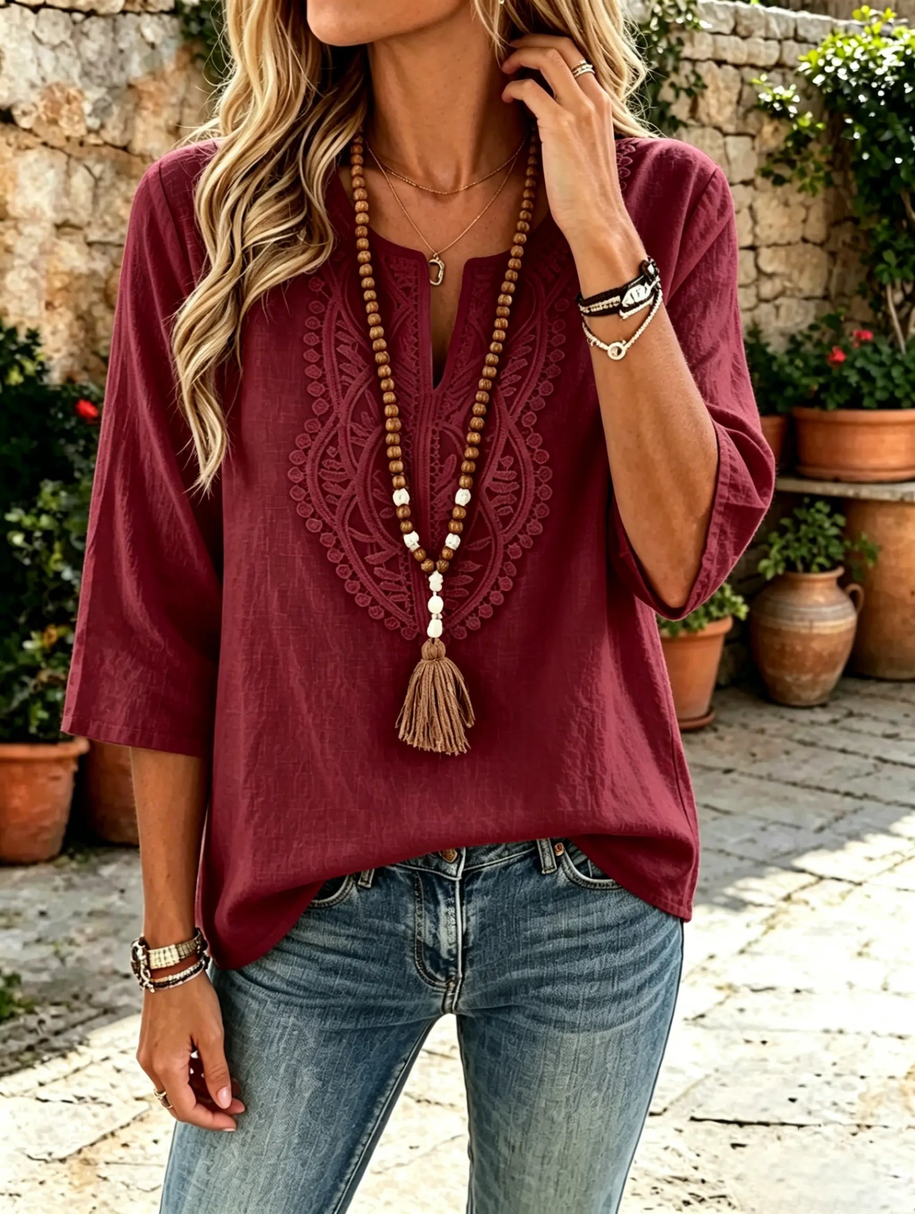 Women's Solid Front Eyelet Floral Embroidered V-Neck 3/4 Sleeve Linen Blouse