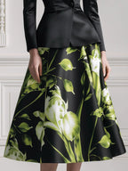 Satin Peplum Blazer & Floral Print A-Line Midi Skirt Set
