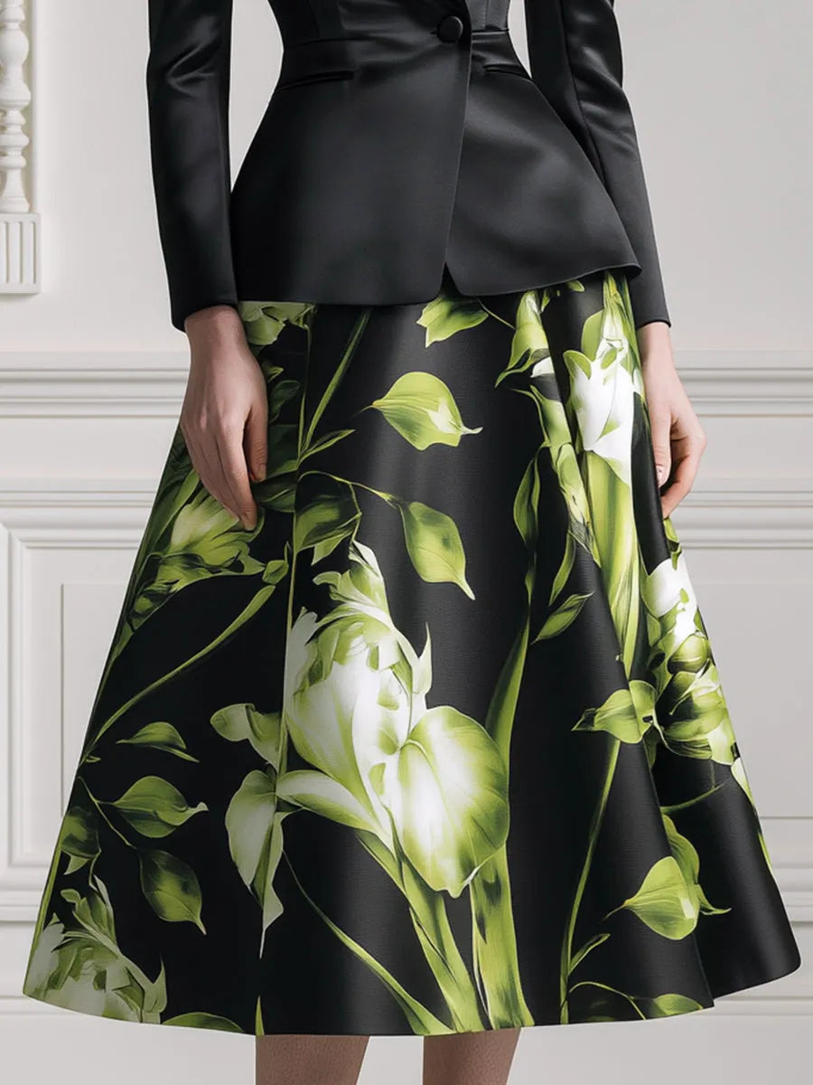 Satin Peplum Blazer & Floral Print A-Line Midi Skirt Set