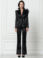 Satin Blazer Suit With 3D Flower Shoulder Detail & Flared Trousers