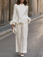 Ruffle-Hem Long-Sleeve Top And Wide-Leg Pants Set