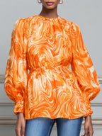 Orange Marble Print Chiffon Bishop Sleeve Blouse
