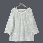 Women's Retro Lace Cotton And Linen Mid-length Sleeves V-neck Top