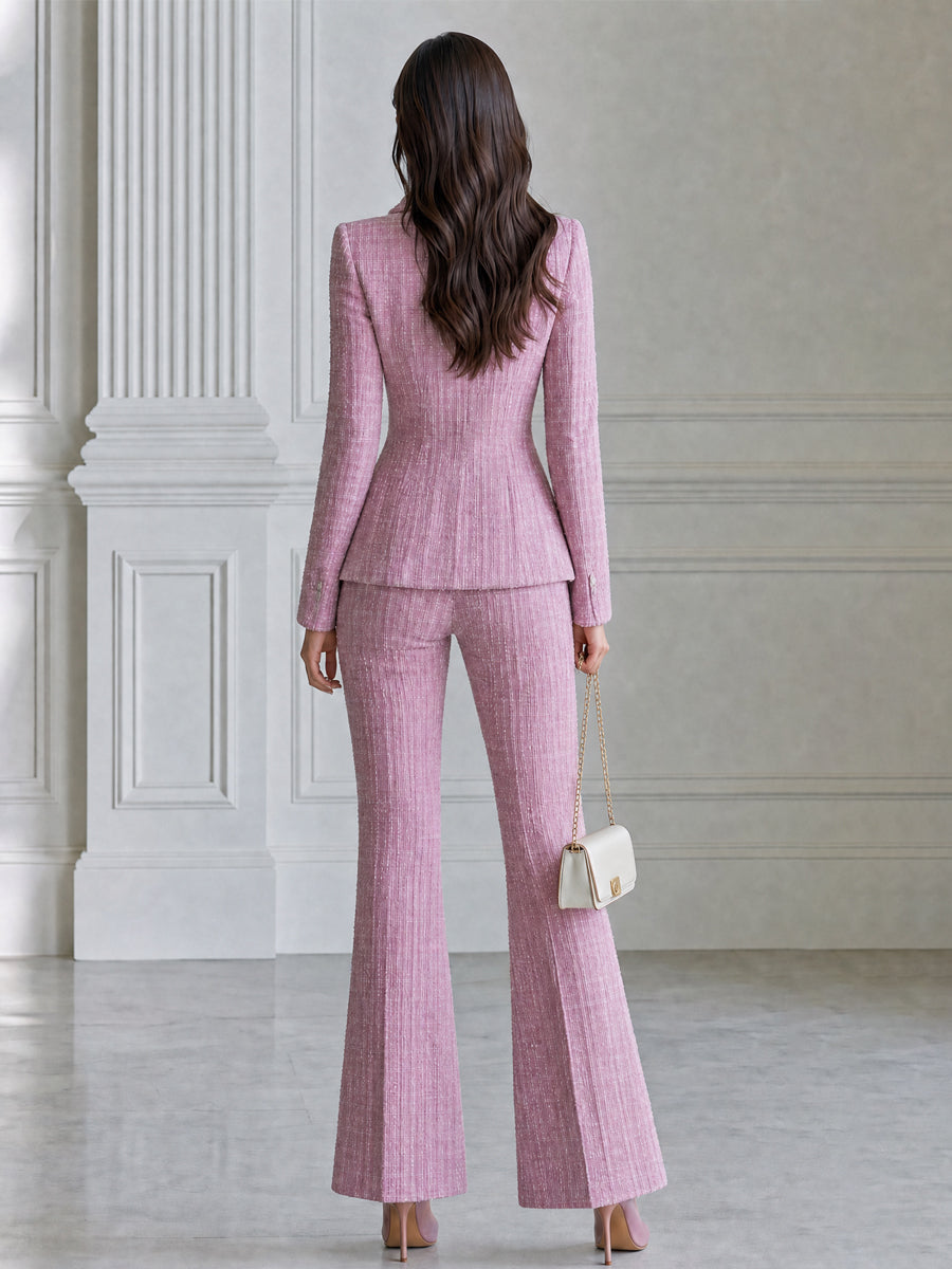 Tweed Double-Breasted Blazer & Flare Pants Two-Piece Suit Set