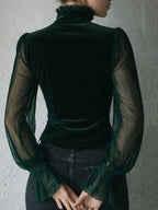 Gothic Lace Trim Black Velvet Corset Blouse With Sheer Sleeves