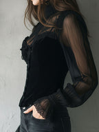 Gothic Lace Trim Black Velvet Corset Blouse With Sheer Sleeves