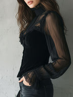 Gothic Lace Trim Black Velvet Corset Blouse With Sheer Sleeves