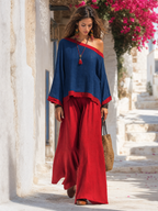 Refined Navy Contrast Trim Top & Wide Leg Pants Set