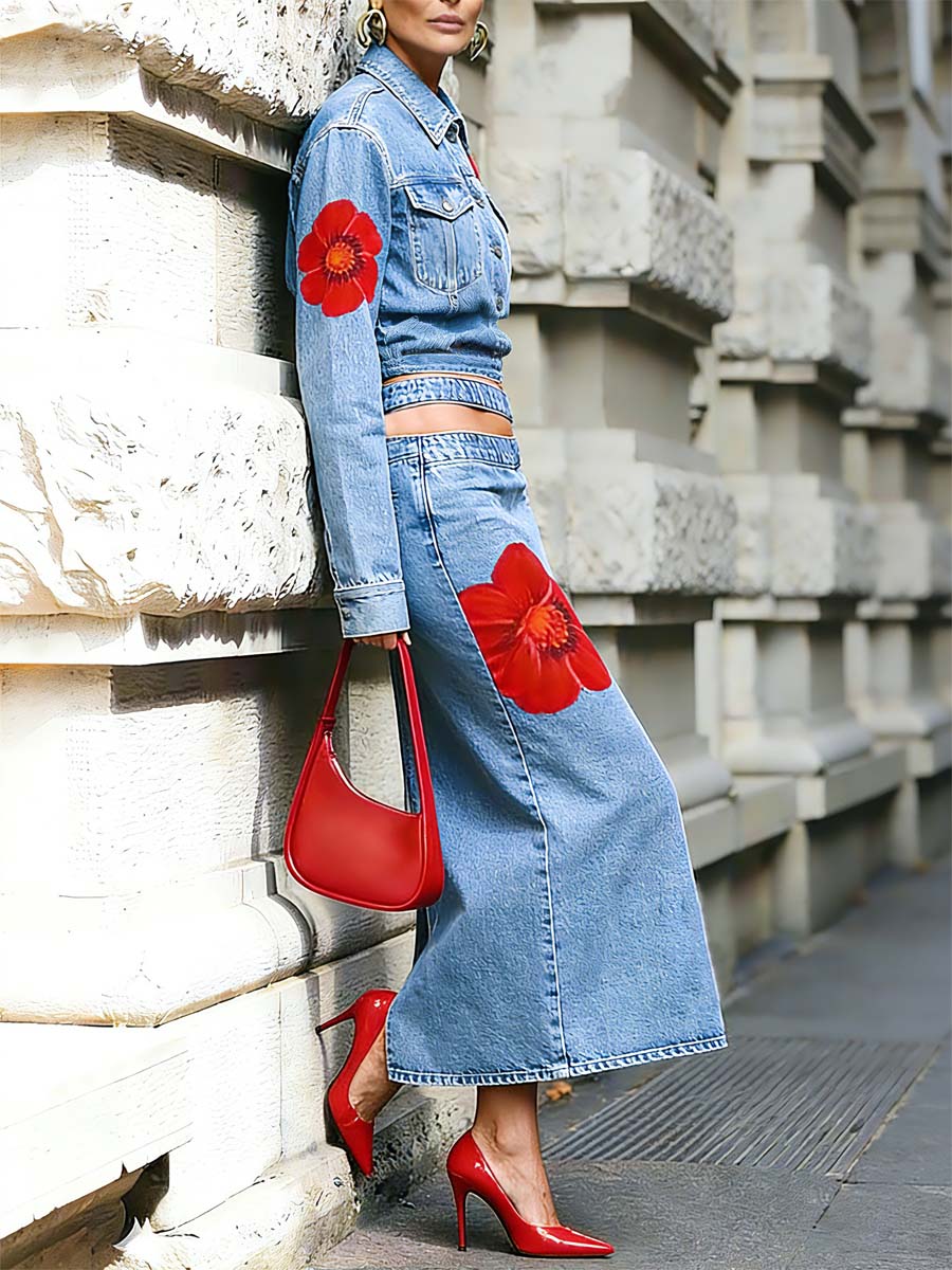 Women's Floral Print Casual Stylish Art Denim Skirt