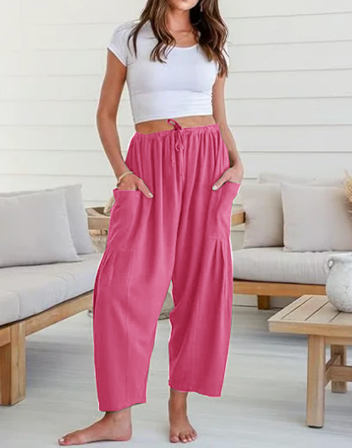Womens Linen Wide Leg Pants Casual Loose Beach Palazzo Harem Pants with Pockets Summer Outfit