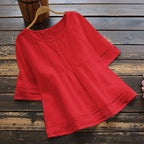 Solid Color Cotton And Linen Patchwork Hollow T-Shirt
