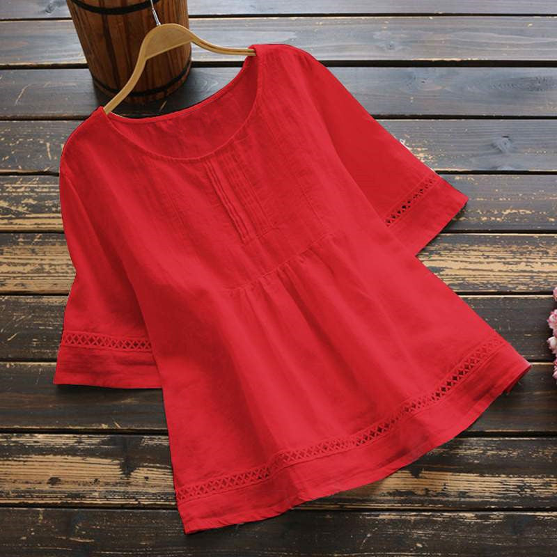 Solid Color Cotton And Linen Patchwork Hollow T-Shirt