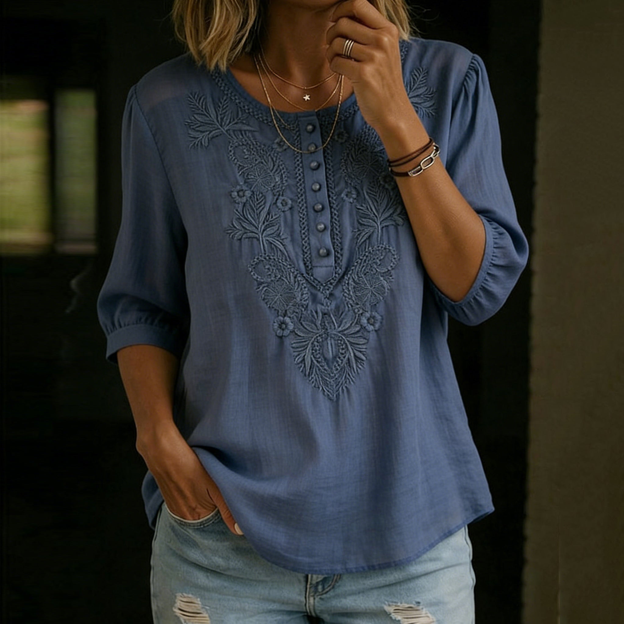 Women's Vintage Floral Embroidery Linen Shirt