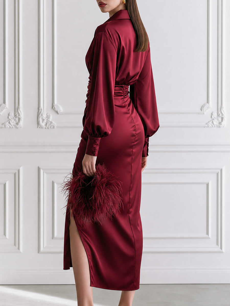 Wine Red Satin Wrap-Style Ruched Midi Dress with Long Puff Sleeves