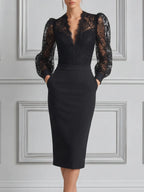 Black Lace Dress Fall Wedding Guest Dress Puff Sleeve Pencil Midi Dress