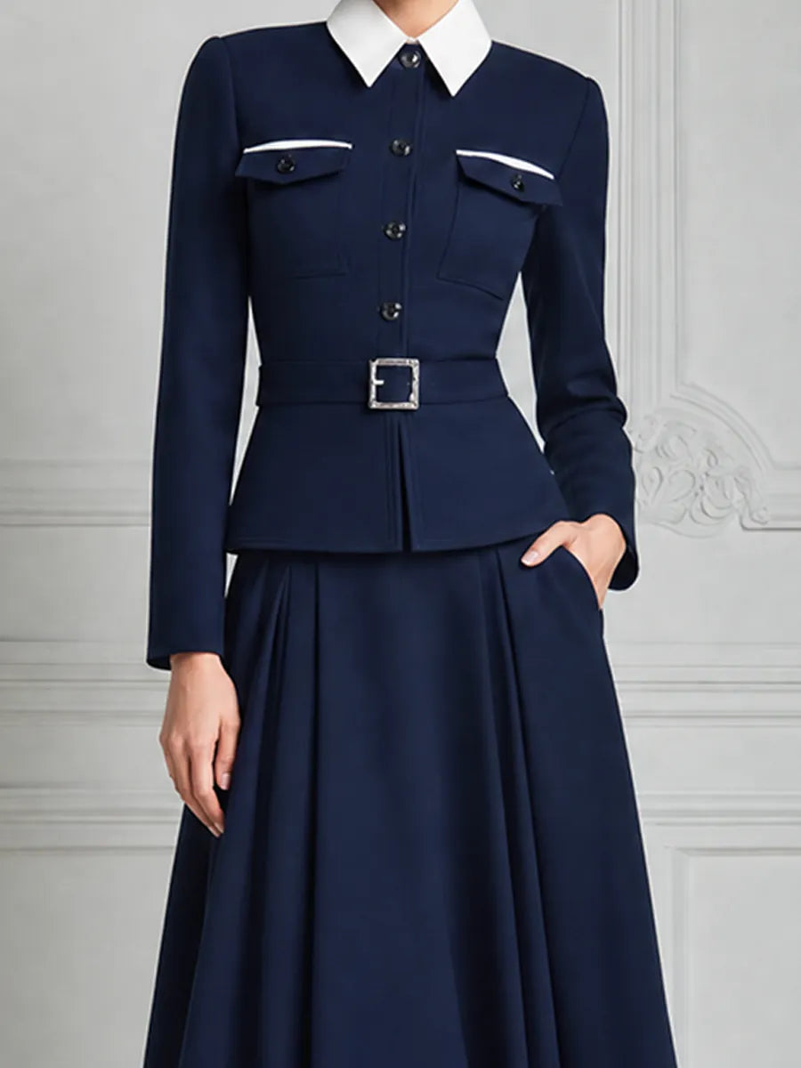 Navy Blue Color-Block Jacket And Pleated A-Line Skirt Set