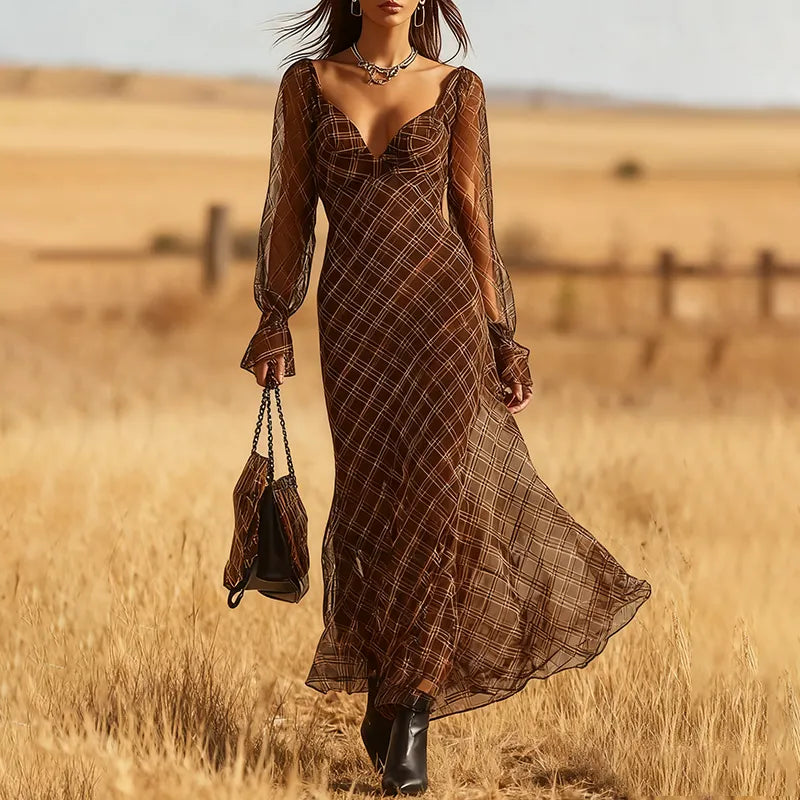 Women's Vintage Autumn/Winter Western Country  V-Neck Chiffon Plaid Print Dress