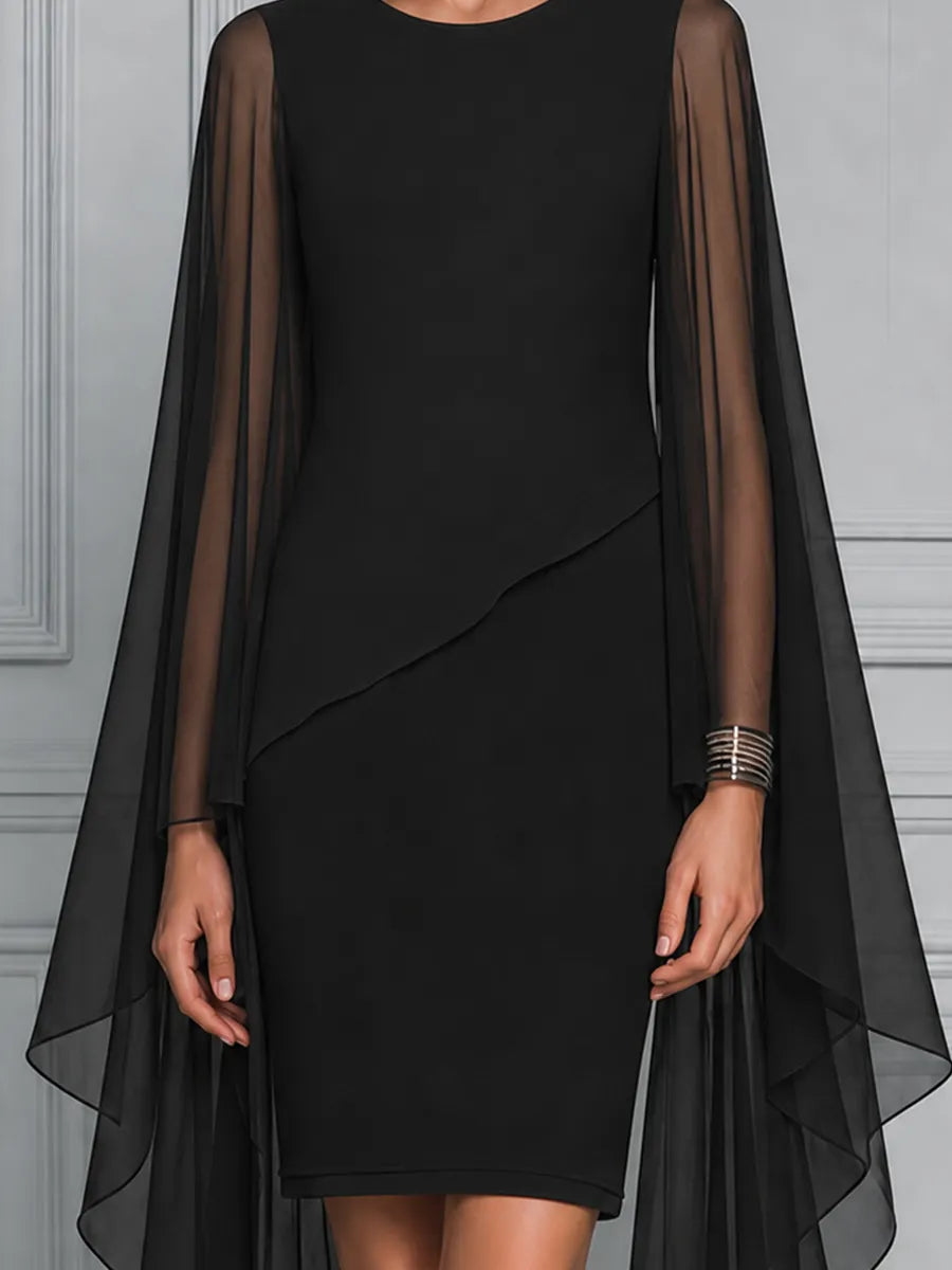 Black Sheer Chiffon Cape Sleeve  Overlay Pencil  Dress