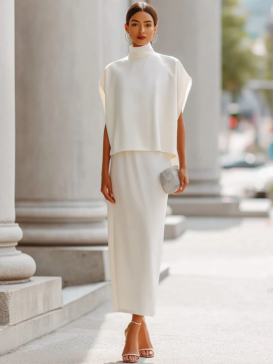 Ivory High-Neck Cape-Sleeve Two-Piece Set