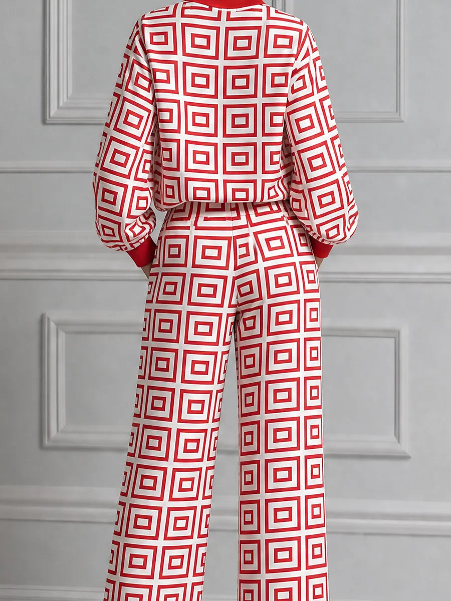 Red Geometric Print Pullover & Wide Leg Pants Set