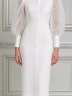 White Dress Sheer Puff Sleeve Button Front Pencil Midi Dress
