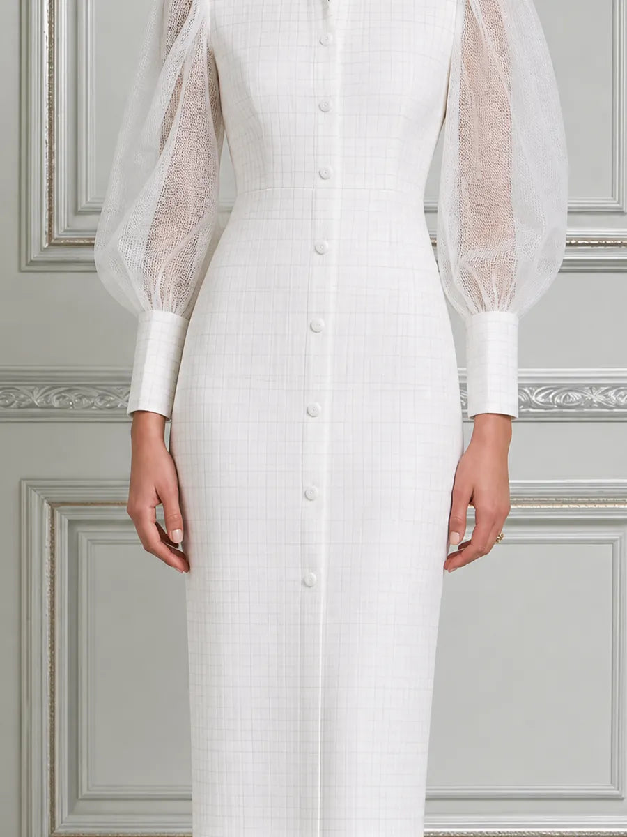 White Dress Sheer Puff Sleeve Button Front Pencil Midi Dress