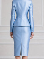 Blue Satin Stand Collar Blazer & Pencil Skirt Set