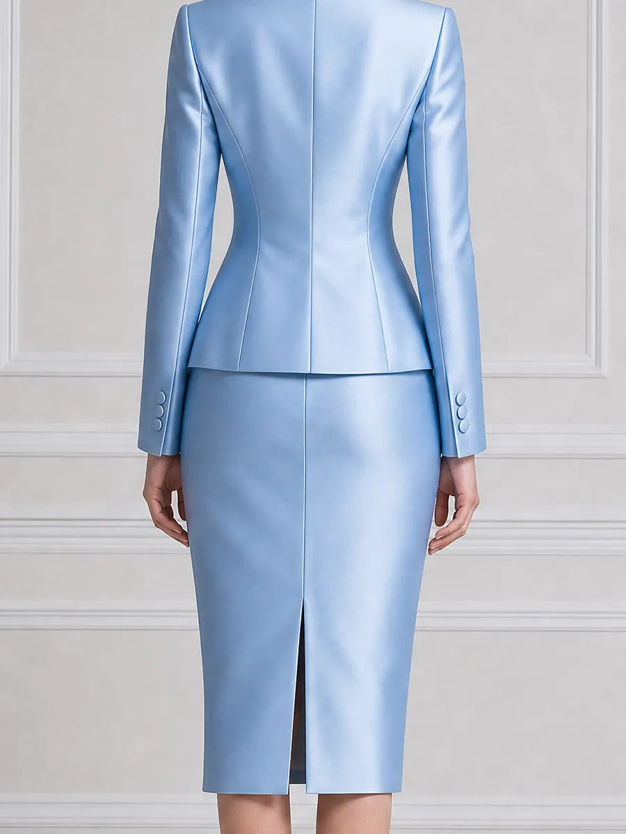 Blue Satin Stand Collar Blazer & Pencil Skirt Set