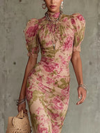 Vintage Rose Print Maxi Dress With Puff Sleeves(Accessories not included)
