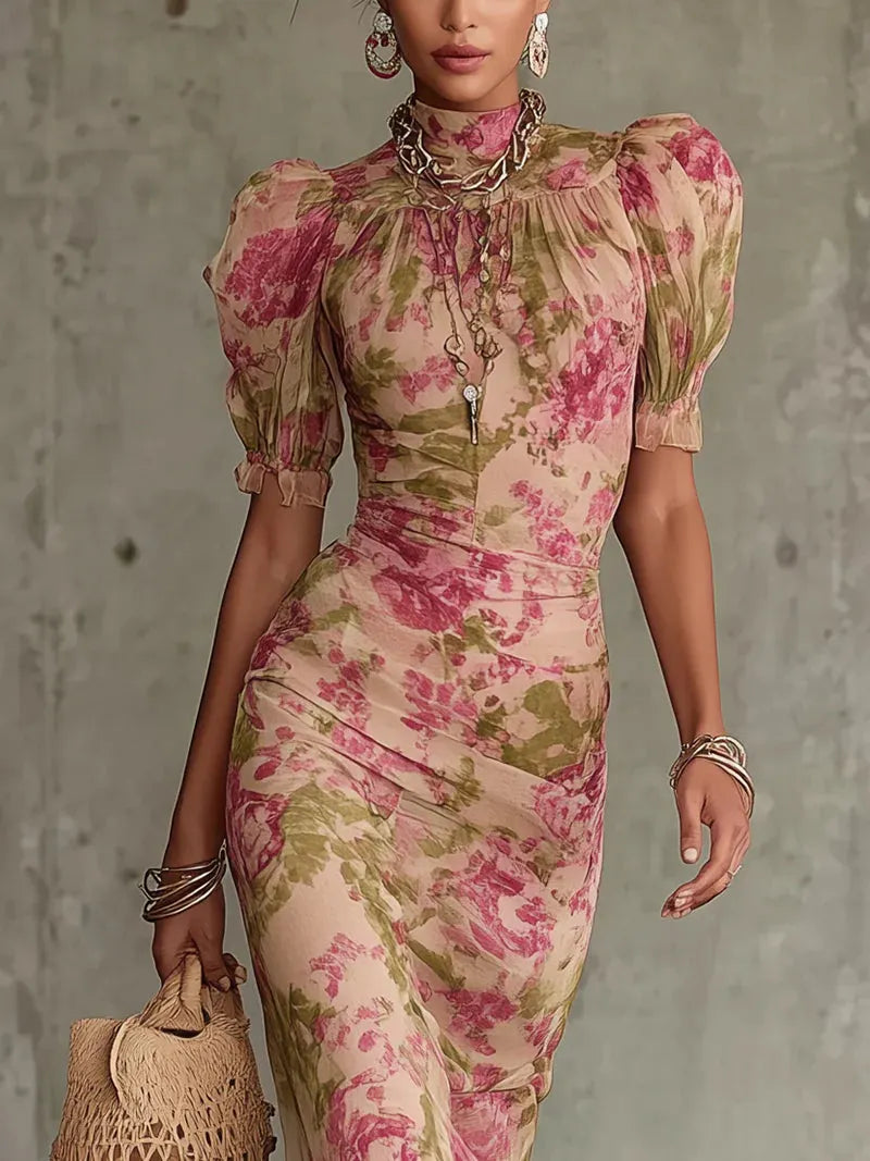 Vintage Rose Print Maxi Dress With Puff Sleeves(Accessories not included)