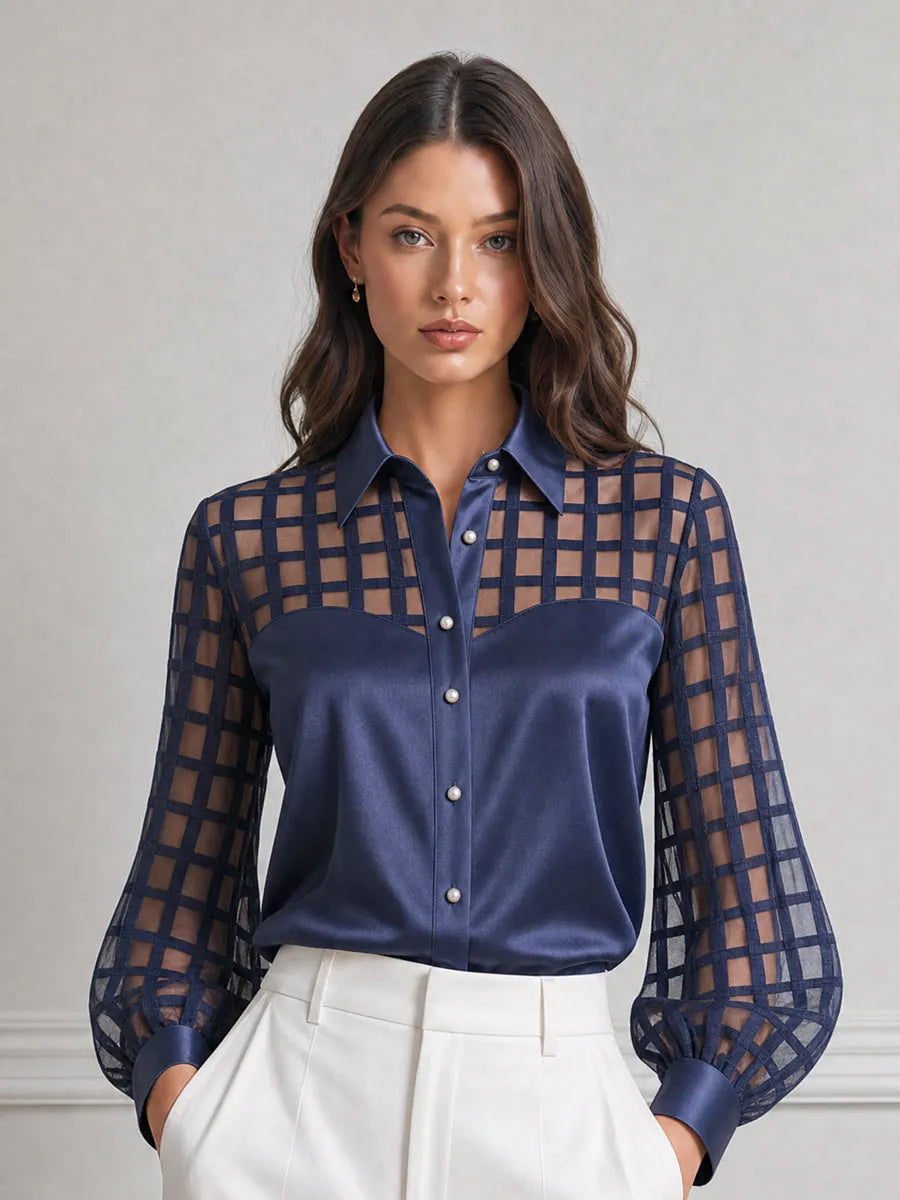 Grid Mesh Patchwork Satin Pearl Buttons Blouse