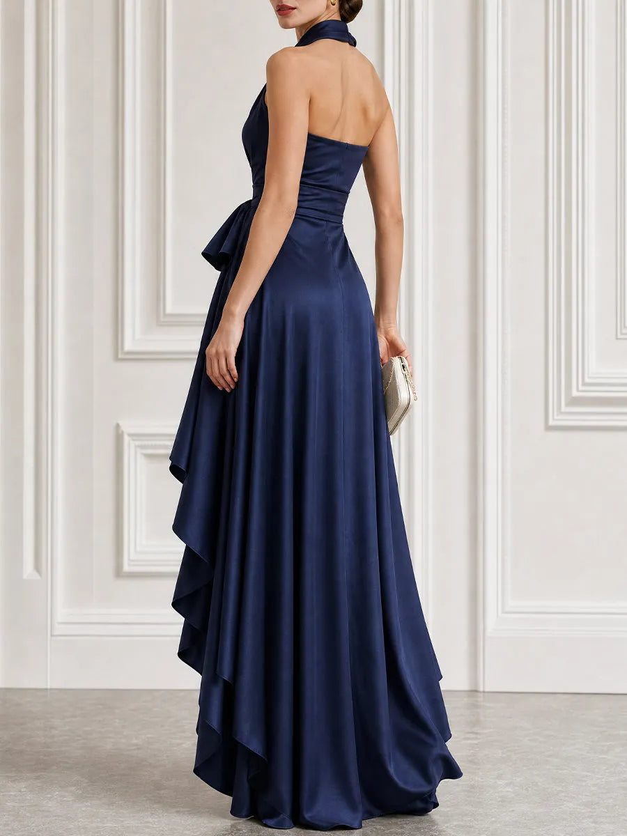 Satin Halter Bow-Waist High-Low Maxi Gown