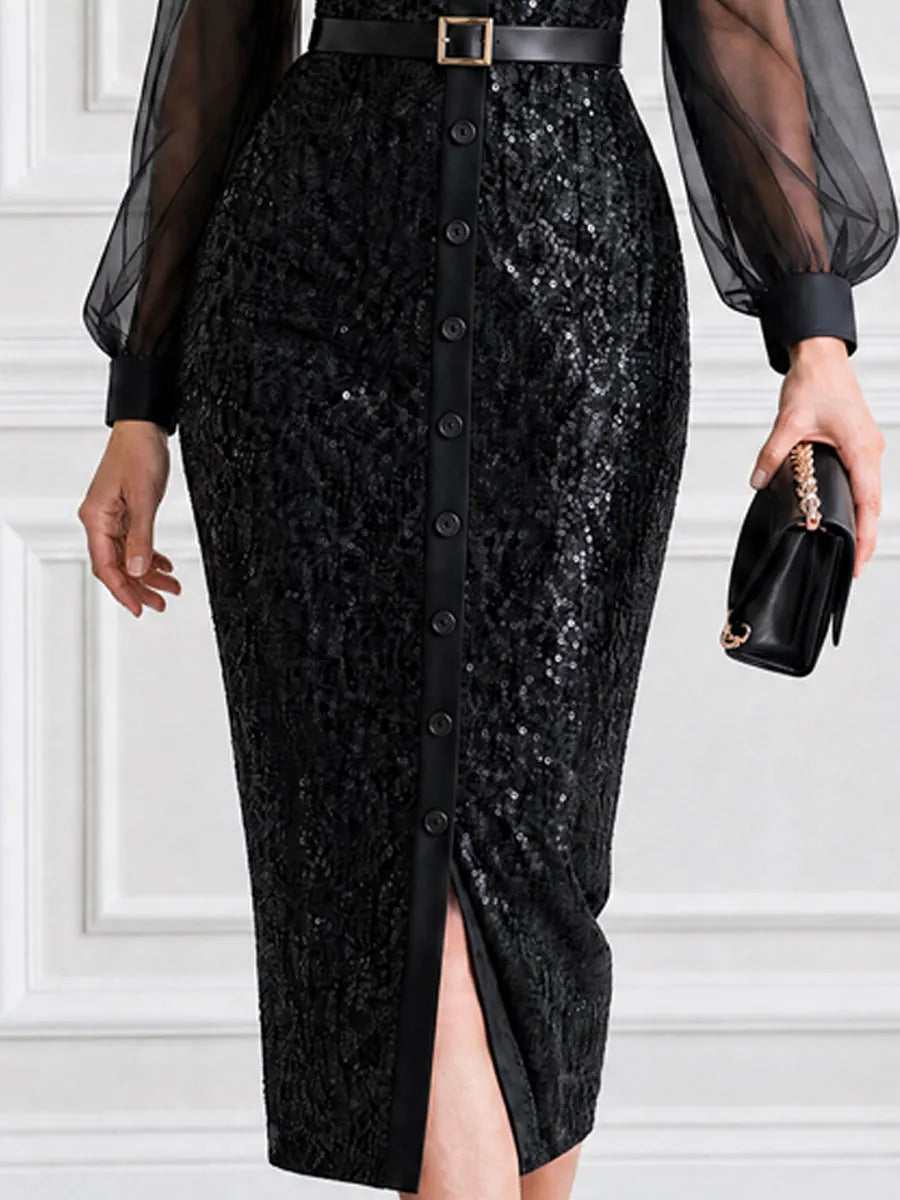 Square Buckle Belt Sweetheart Sequin Glitter Midi Dress