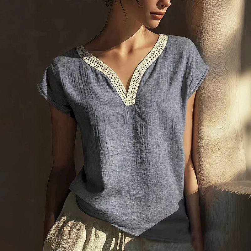 Boho Vintage Lace V-neck Cotton Blend Shirt