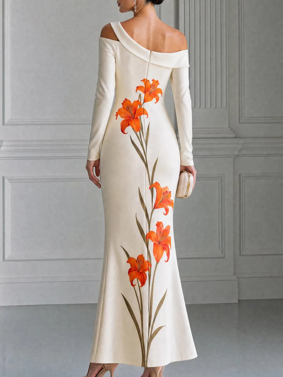Off Shoulder Asymmetrical Orange Lily Print Maxi Gown