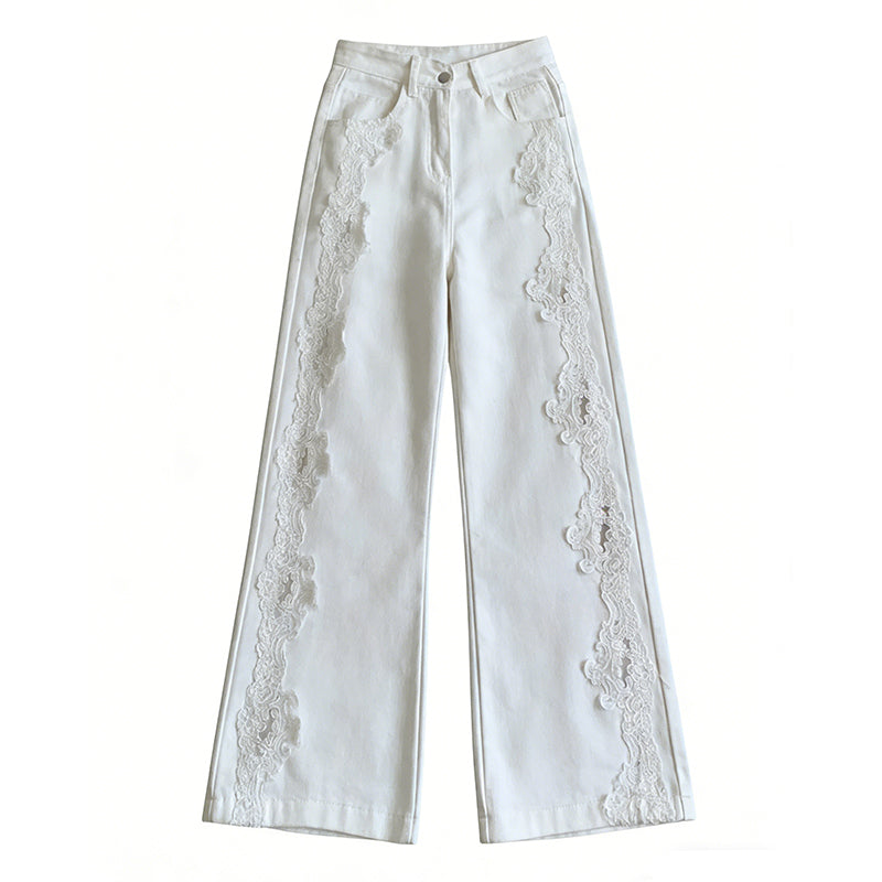 Vintage Bohemian Lace-paneled Distressed Washed Denim Jeans