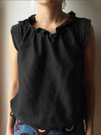 Casual Plain Frill Neck Cap Sleeve Loose Tank Top