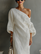 Women's Ivory White Cotton-Linen Blend One-Shoulder Flowing Elegant Dress