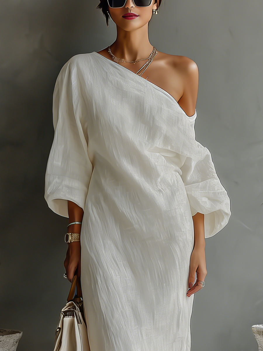 Women's Ivory White Cotton-Linen Blend One-Shoulder Flowing Elegant Dress