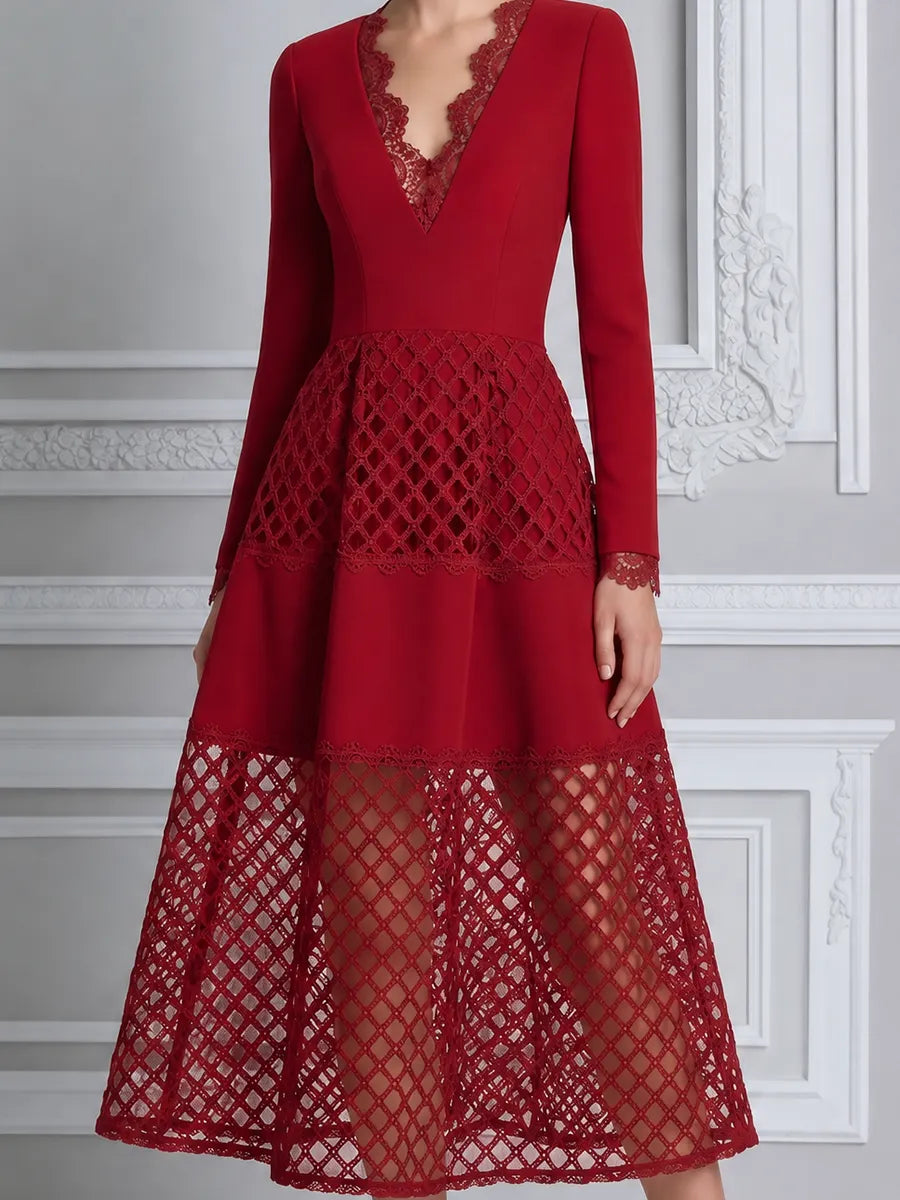 Red Dress Lace Fall Wedding Guest Dress V Neck A-Line Midi Dress