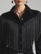 Black Studded Fringe Button Front Blouse