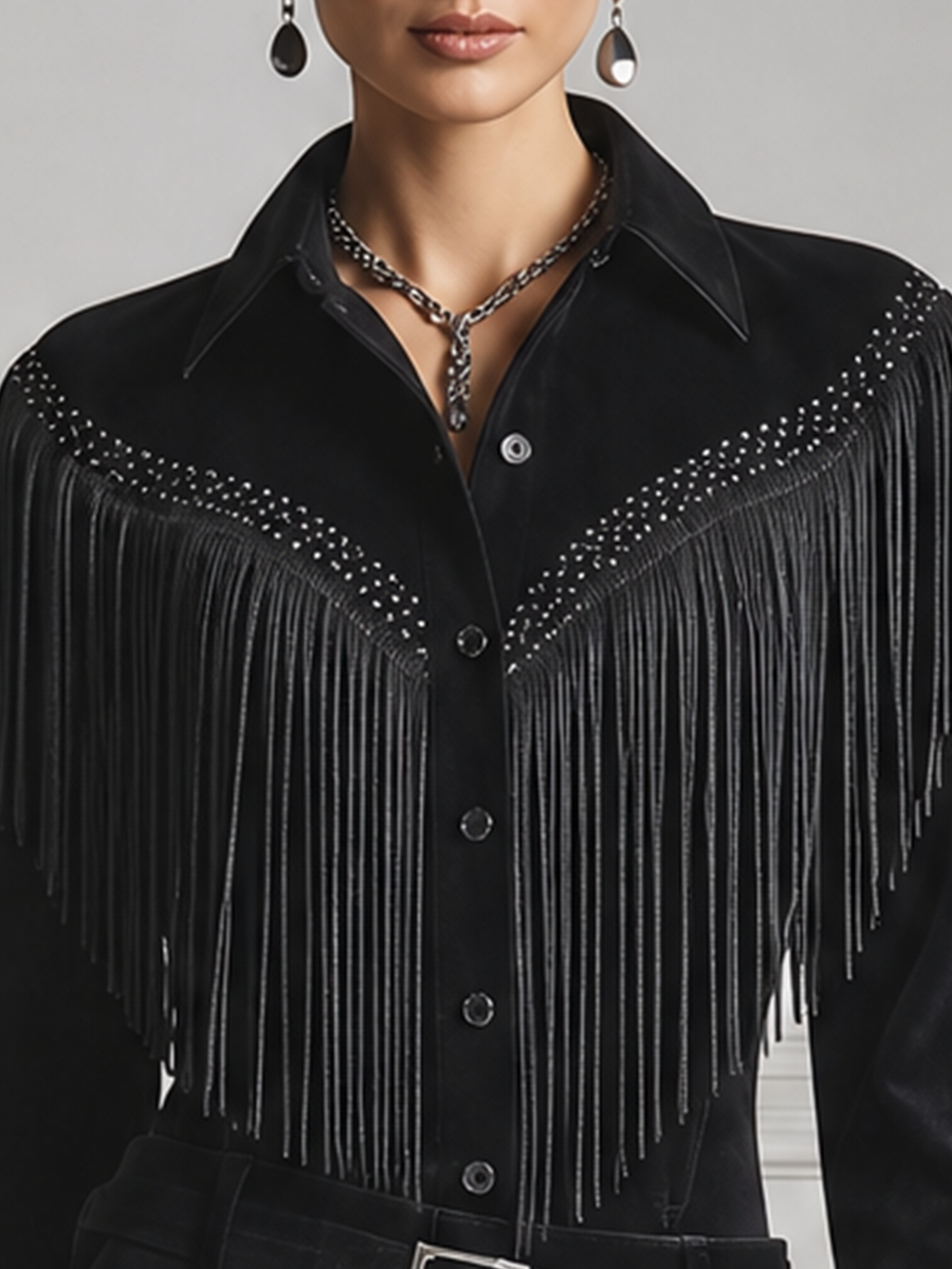 Black Studded Fringe Button Front Blouse