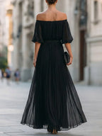 Women's Solid-color Off-the-shoulder 3/4-sleeve Casual Loose Chiffon Dress